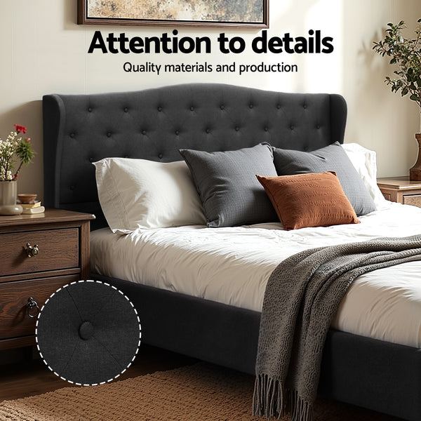 Artiss King Bed Frame Wingback Headboard Charcoal Grey Linen Upholstered Platform Bed Base Awezingly