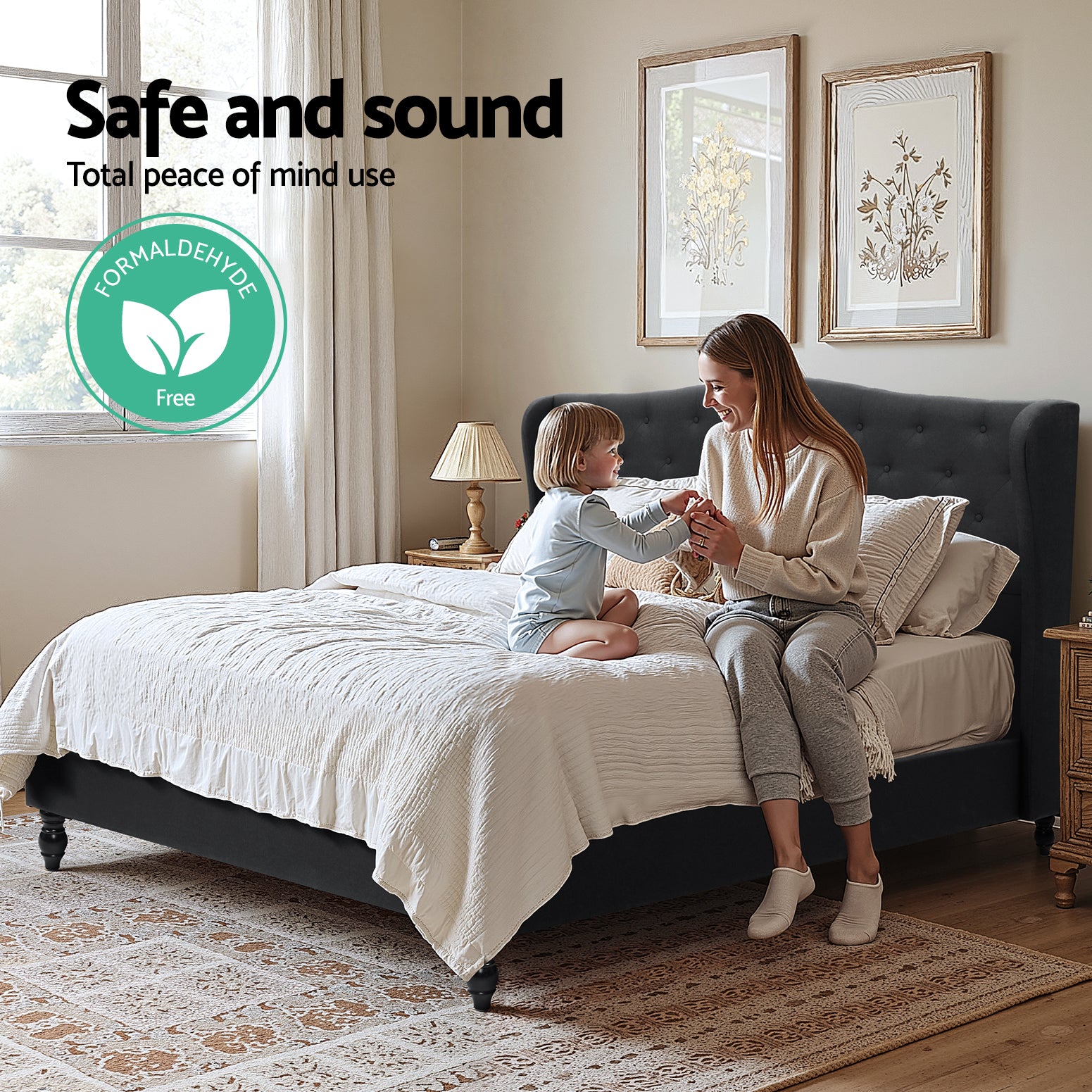 Artiss King Bed Frame Wingback Headboard Charcoal Grey Linen Upholstered Platform Bed Base Awezingly