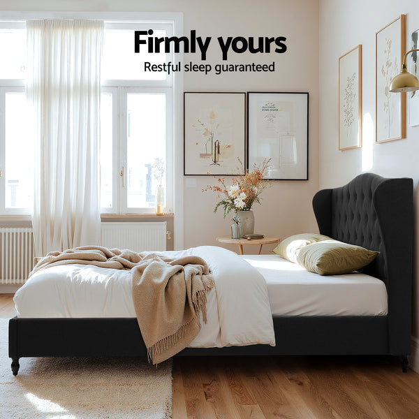 Artiss King Bed Frame Wingback Headboard Charcoal Grey Linen Upholstered Platform Bed Base Awezingly