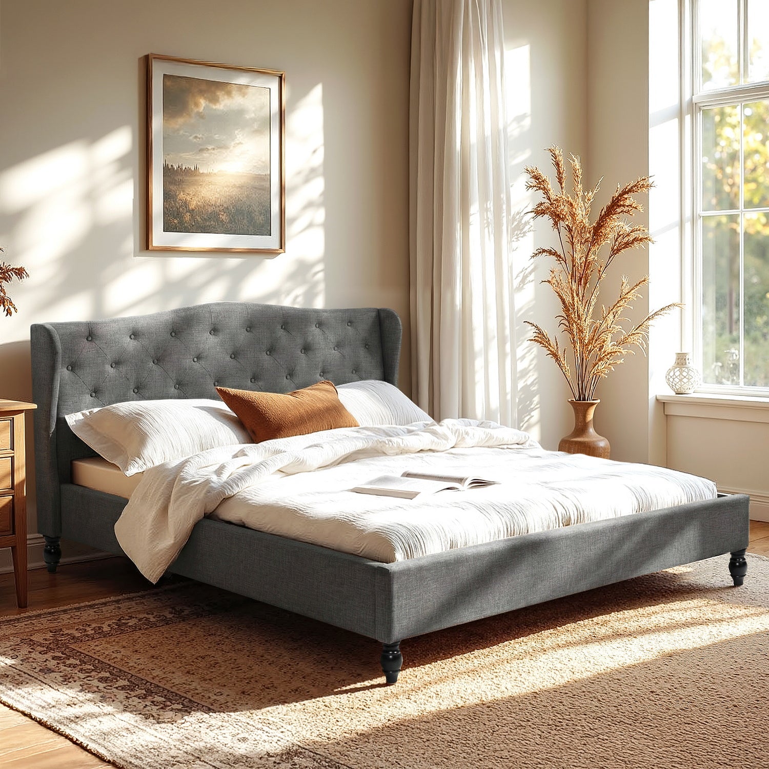 Artiss King Bed Frame with Wingback Headboard Grey Linen Upholstered Platform Bed Base Awezingly