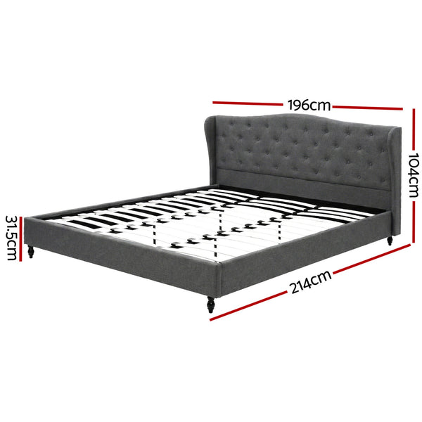 Artiss King Bed Frame with Wingback Headboard Grey Linen Upholstered Platform Bed Base Awezingly