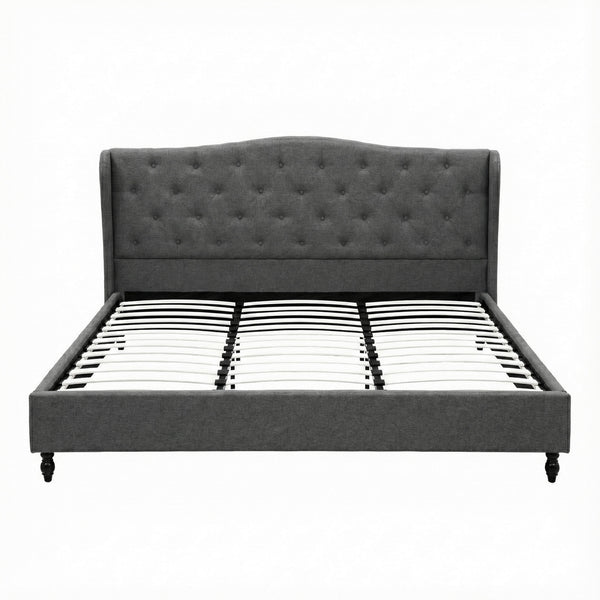 Artiss King Bed Frame with Wingback Headboard Grey Linen Upholstered Platform Bed Base Awezingly