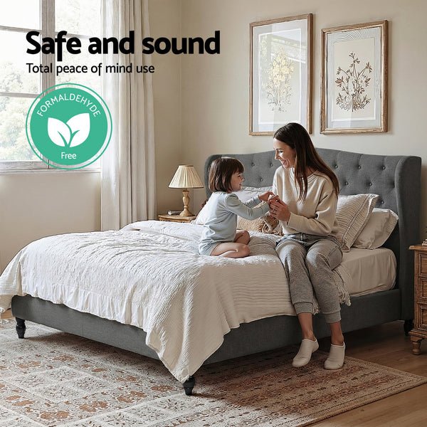 Artiss King Bed Frame with Wingback Headboard Grey Linen Upholstered Platform Bed Base Awezingly