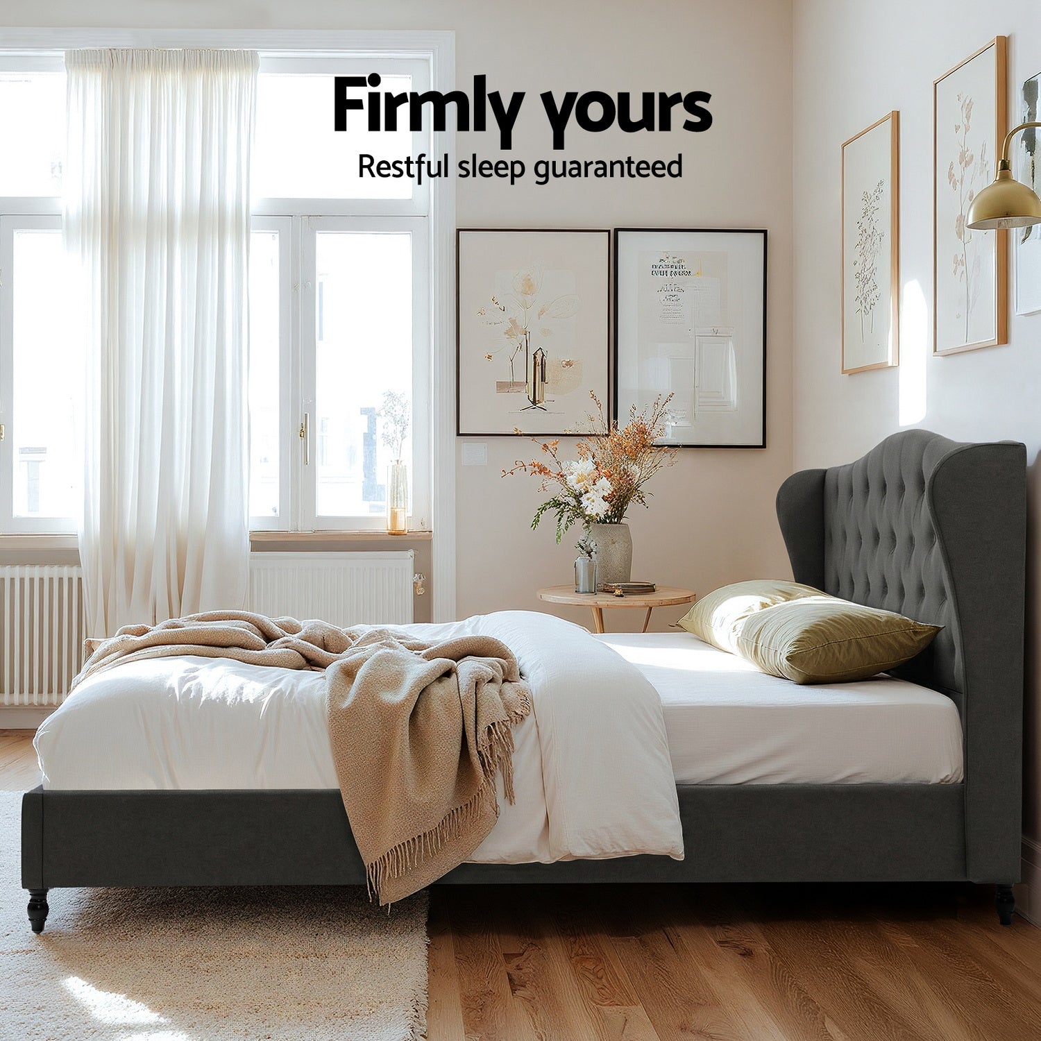 Artiss King Bed Frame with Wingback Headboard Grey Linen Upholstered Platform Bed Base Awezingly