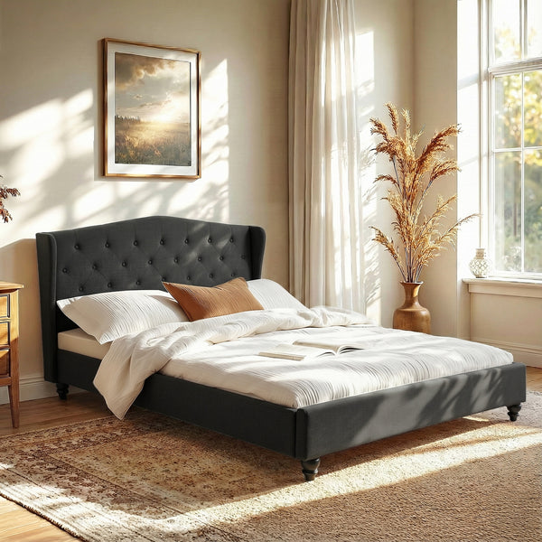 Artiss Queen Bed Frame Wingback Headboard Charcoal Grey Linen Upholstered Platform Bed Base Awezingly