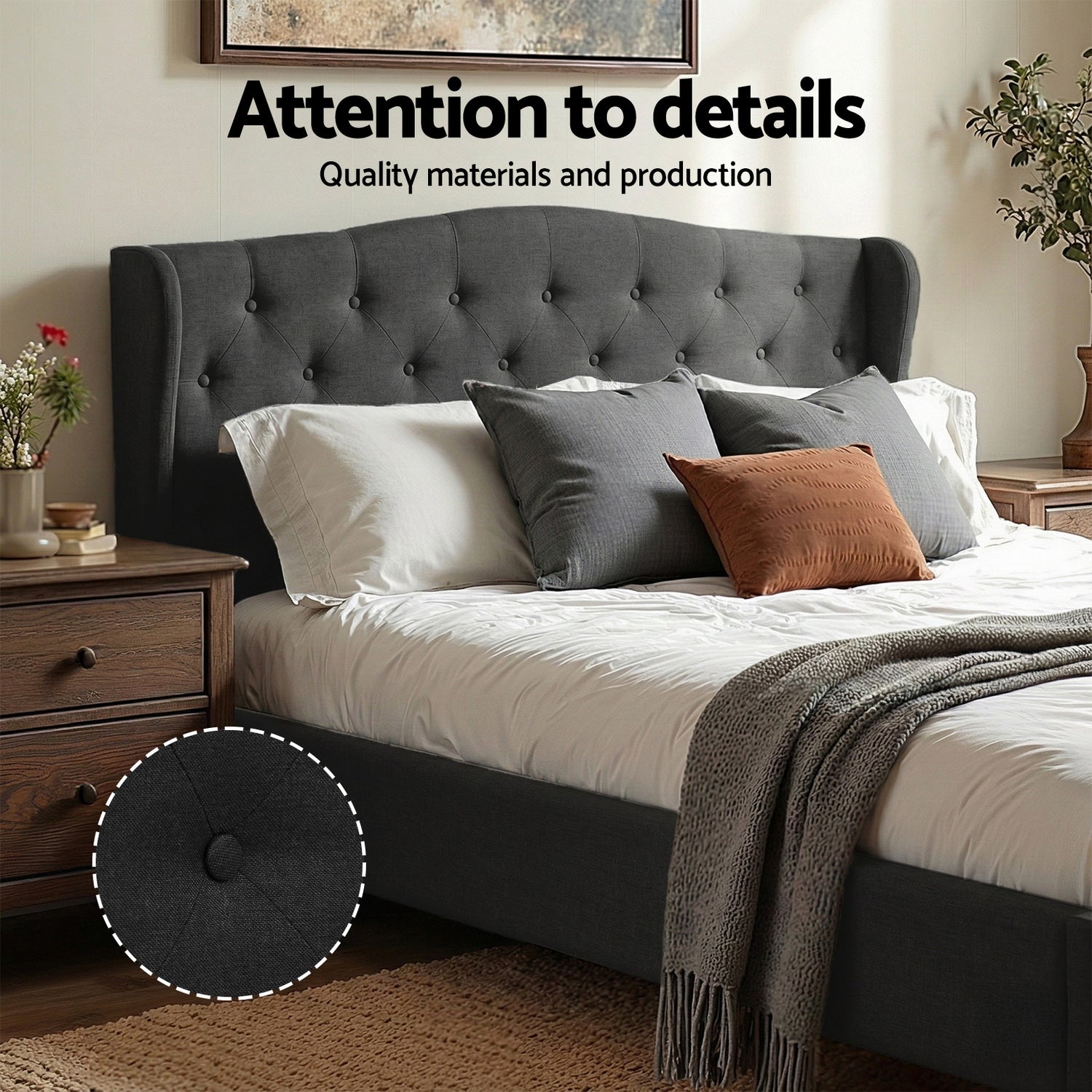 Artiss Queen Bed Frame Wingback Headboard Charcoal Grey Linen Upholstered Platform Bed Base Awezingly