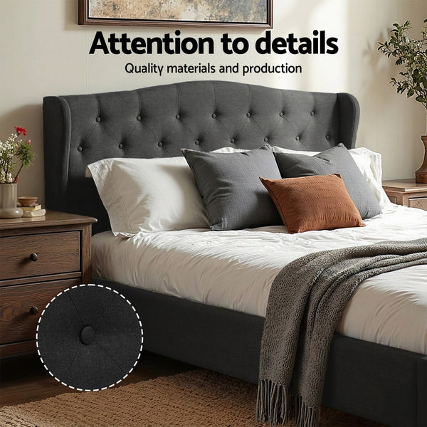 Artiss Queen Bed Frame Wingback Headboard Charcoal Grey Linen Upholstered Platform Bed Base Awezingly