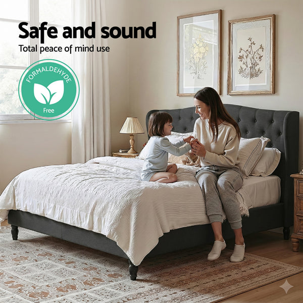 Artiss Queen Bed Frame Wingback Headboard Charcoal Grey Linen Upholstered Platform Bed Base Awezingly