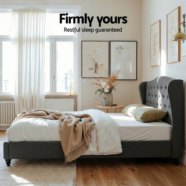 Artiss Queen Bed Frame Wingback Headboard Charcoal Grey Linen Upholstered Platform Bed Base Awezingly