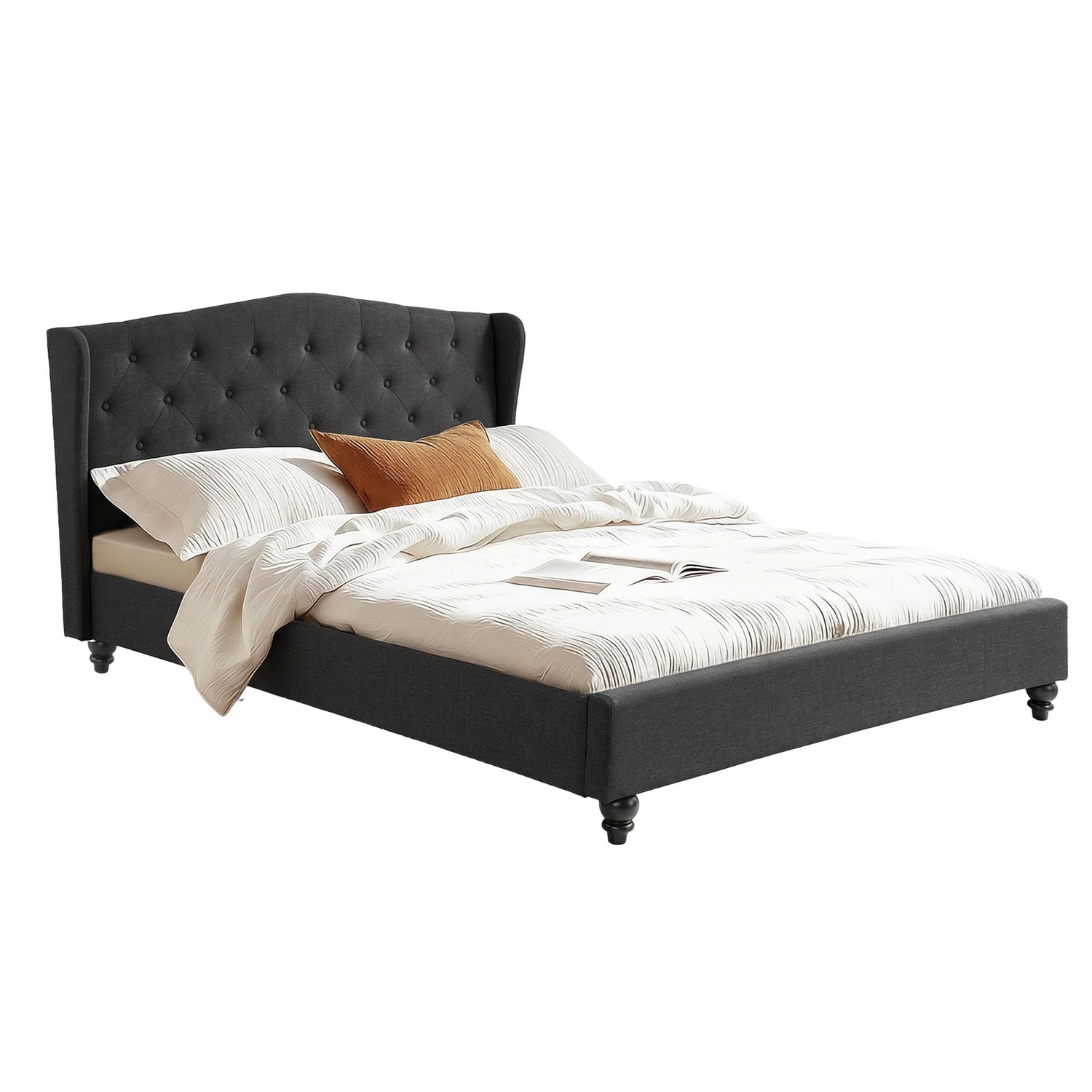 Artiss Queen Bed Frame Wingback Headboard Charcoal Grey Linen Upholstered Platform Bed Base Awezingly