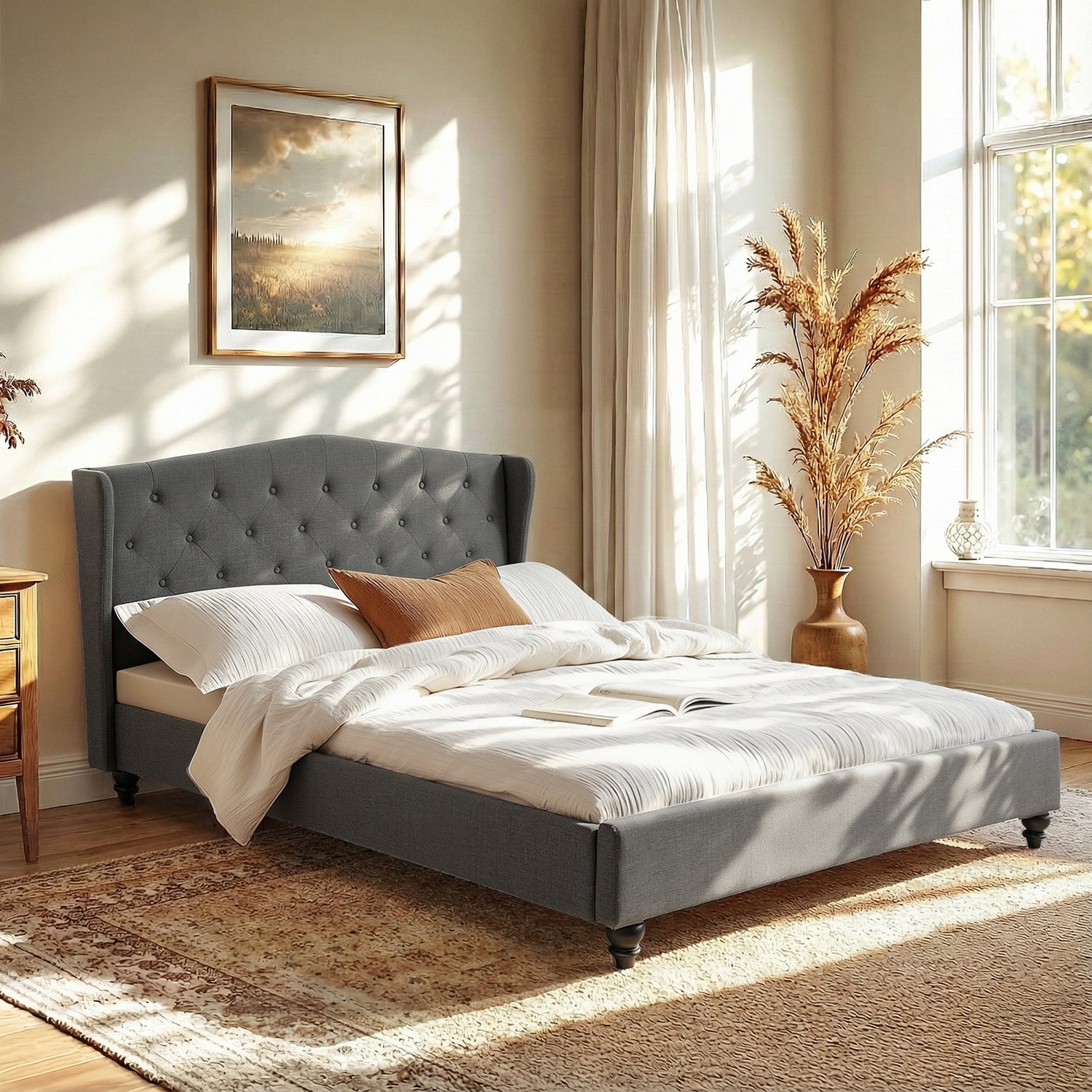 Artiss Queen Bed Frame with Wingback Headboard Grey Linen Upholstered Platform Bed Base Awezingly