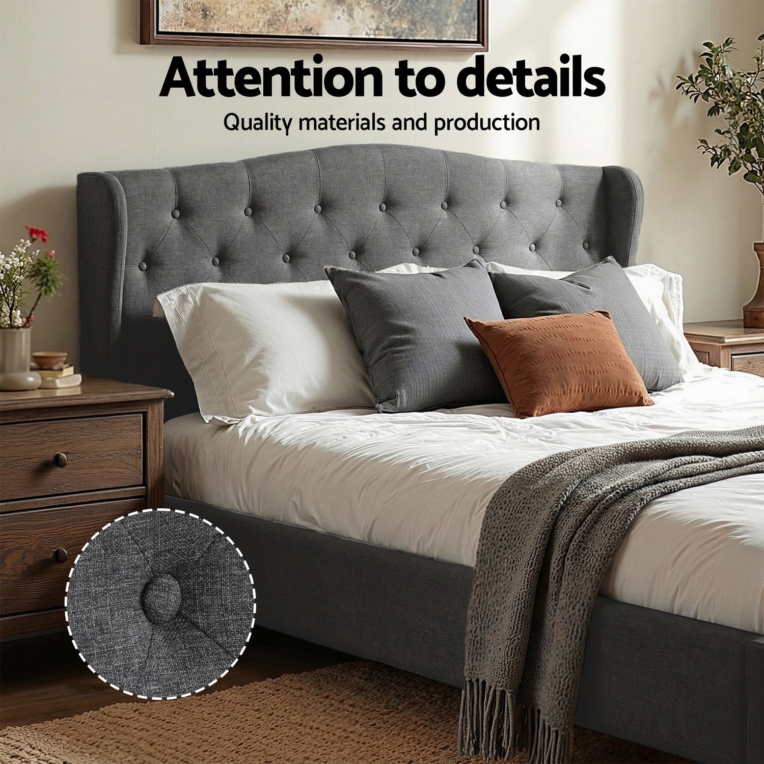 Artiss Queen Bed Frame with Wingback Headboard Grey Linen Upholstered Platform Bed Base Awezingly
