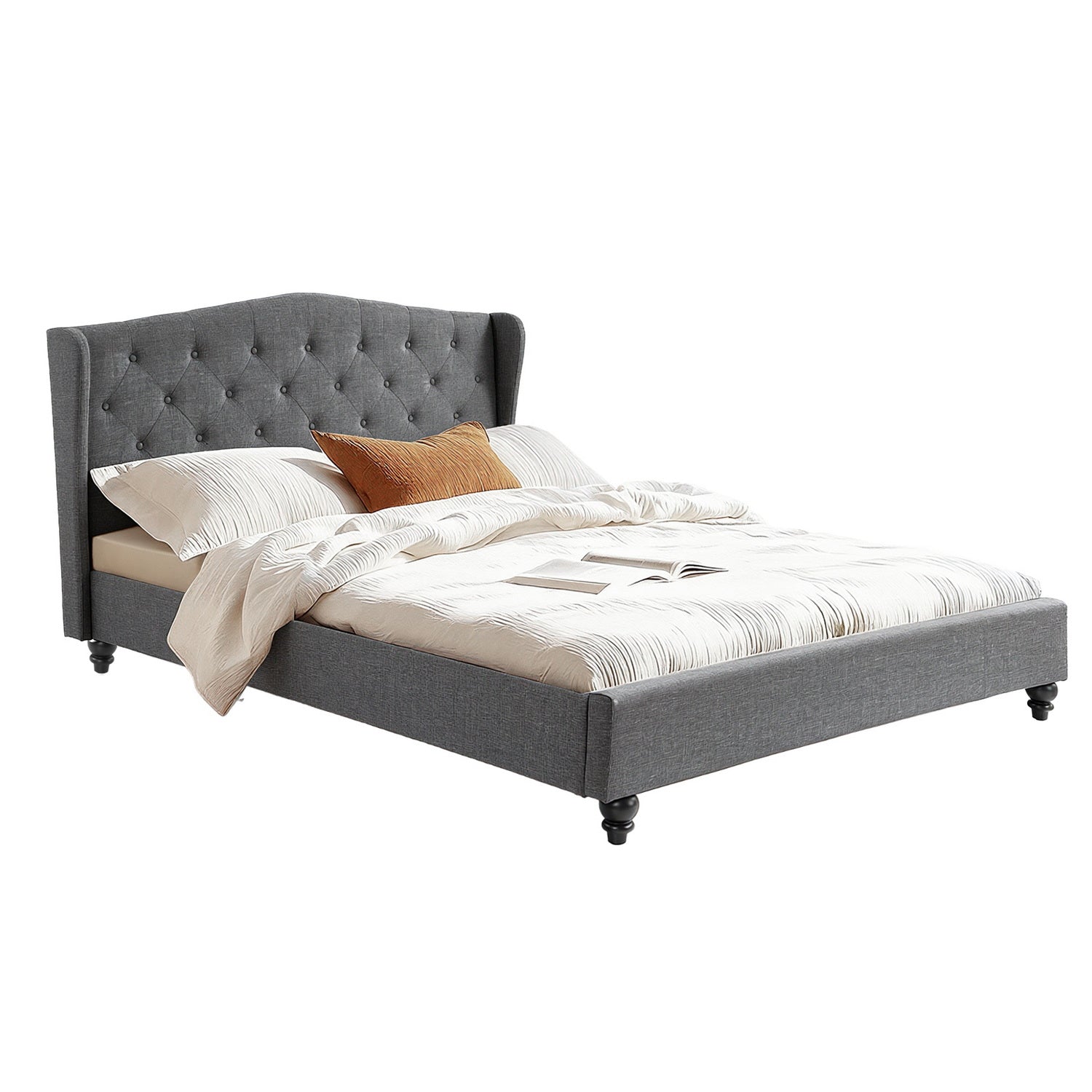 Artiss Queen Bed Frame with Wingback Headboard Grey Linen Upholstered Platform Bed Base Awezingly