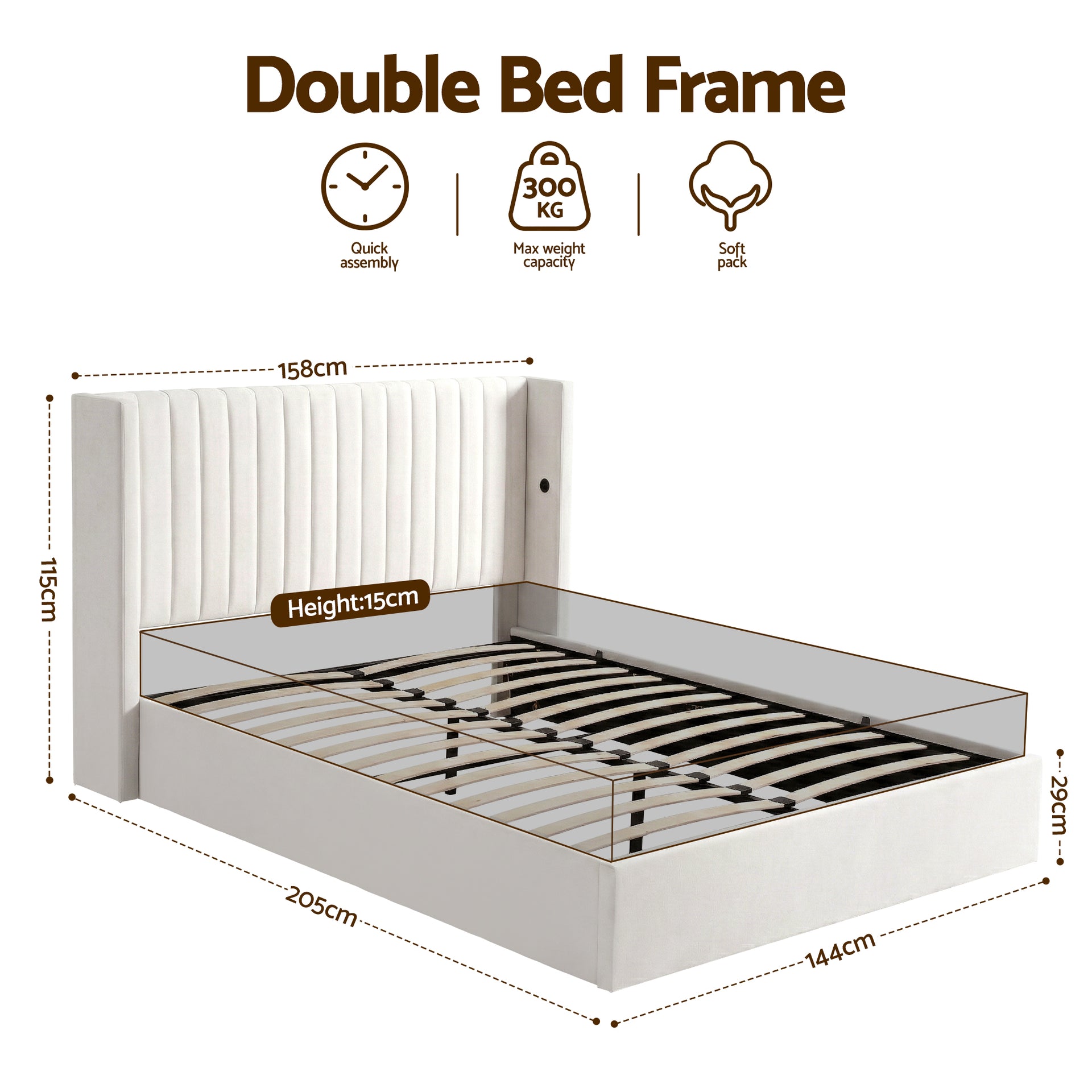 Artiss Double Bed Frame with Gaslift Storage USB Type-C Charging Ports Velvet Upholstery White Awezingly