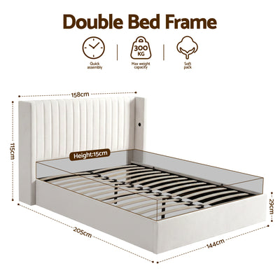 Artiss Double Bed Frame with Gaslift Storage USB Type-C Charging Ports Velvet Upholstery White