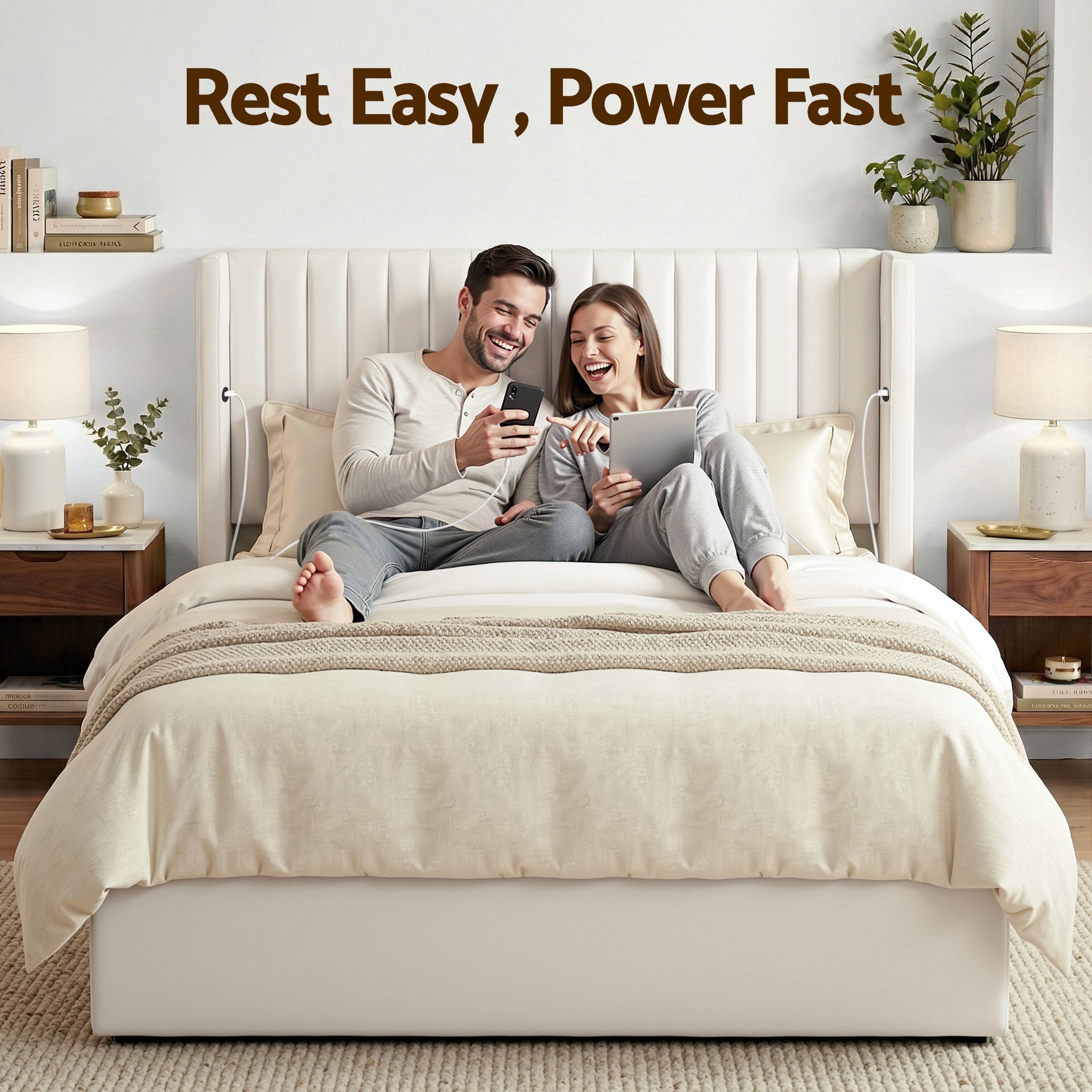 Artiss Double Bed Frame with Gaslift Storage USB Type-C Charging Ports Velvet Upholstery White Awezingly