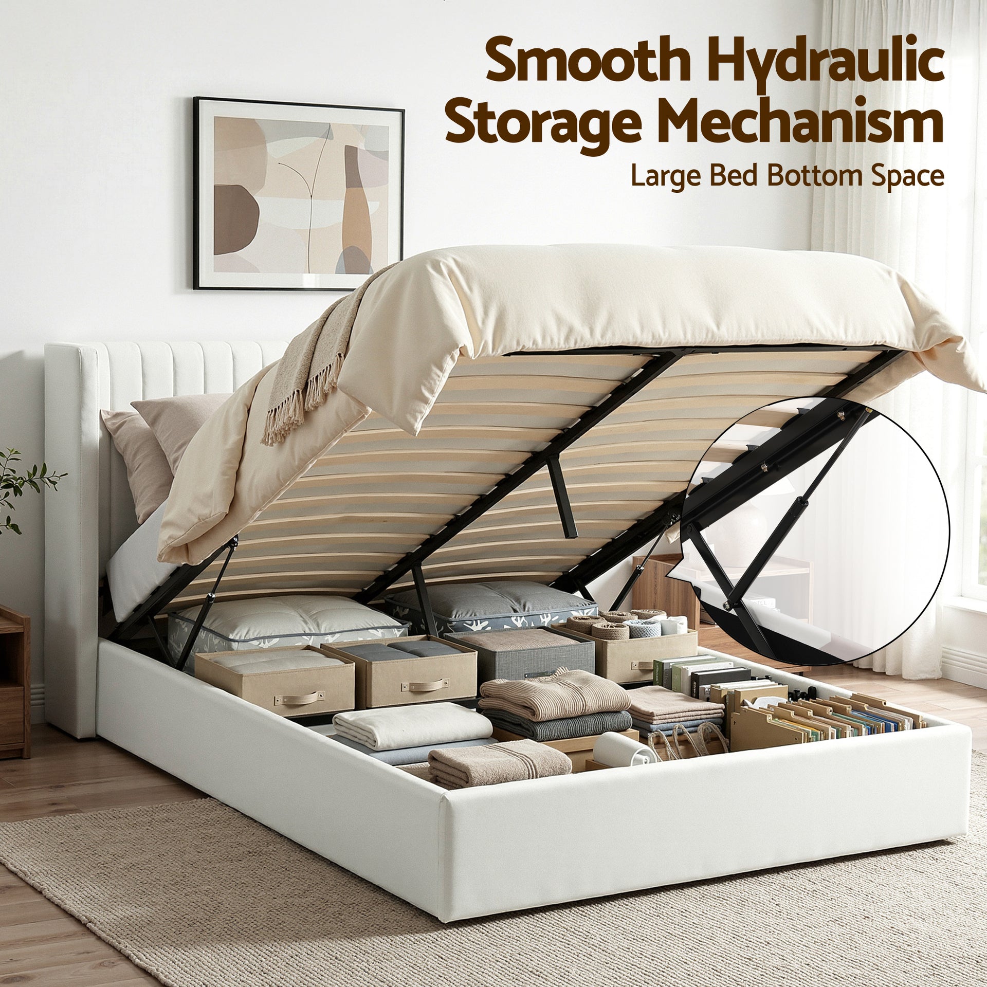 Artiss Double Bed Frame with Gaslift Storage USB Type-C Charging Ports Velvet Upholstery White Awezingly