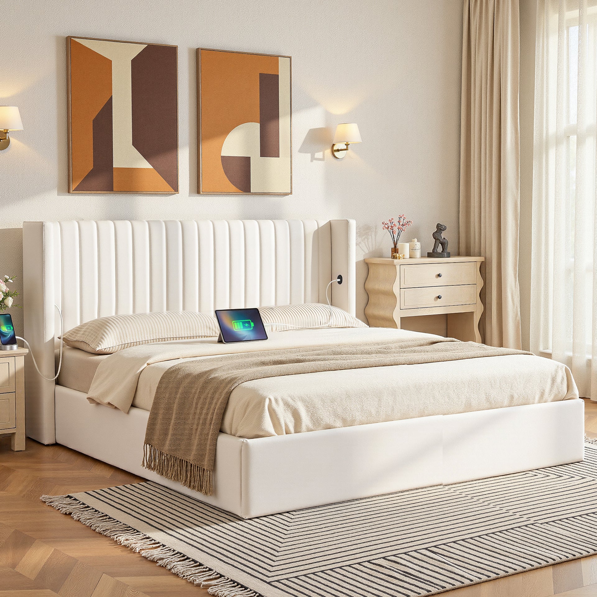 Artiss King Bed Frame with Gaslift Storage USB Type-C Charging Ports Velvet Upholstery White Awezingly