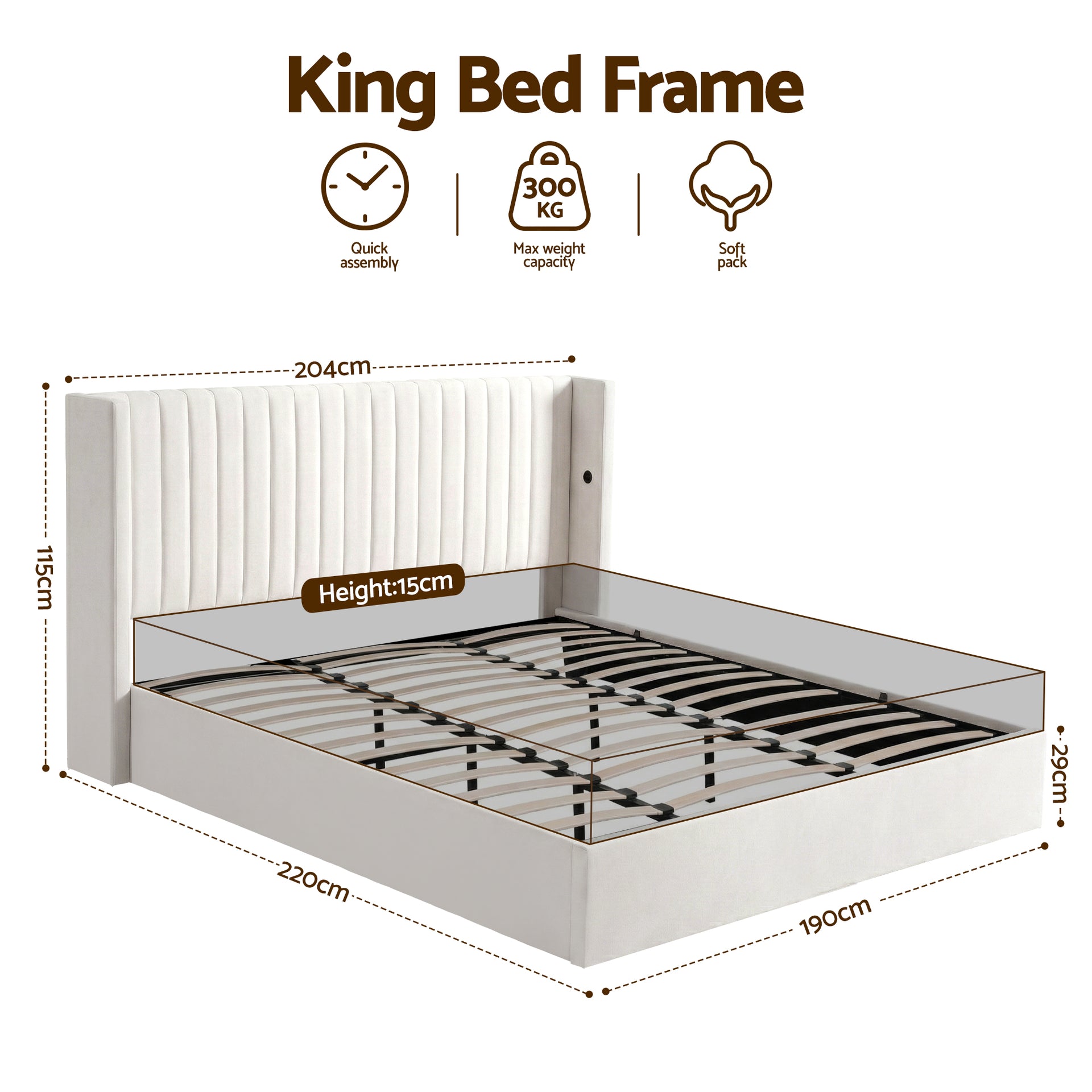 Artiss King Bed Frame with Gaslift Storage USB Type-C Charging Ports Velvet Upholstery White Awezingly