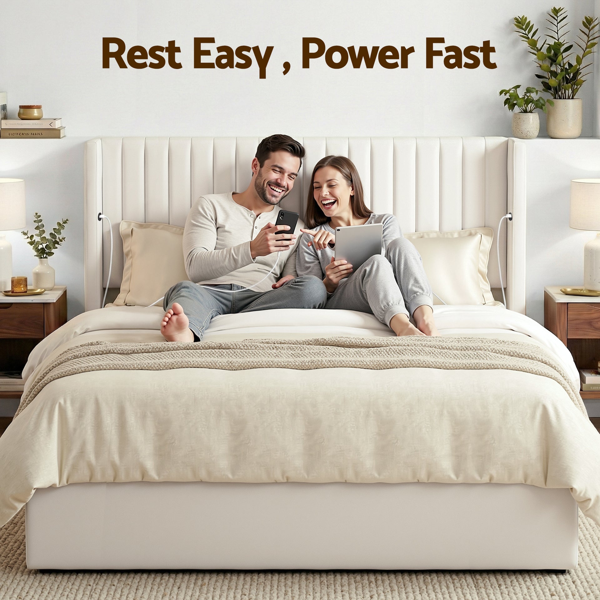 Artiss King Bed Frame with Gaslift Storage USB Type-C Charging Ports Velvet Upholstery White Awezingly