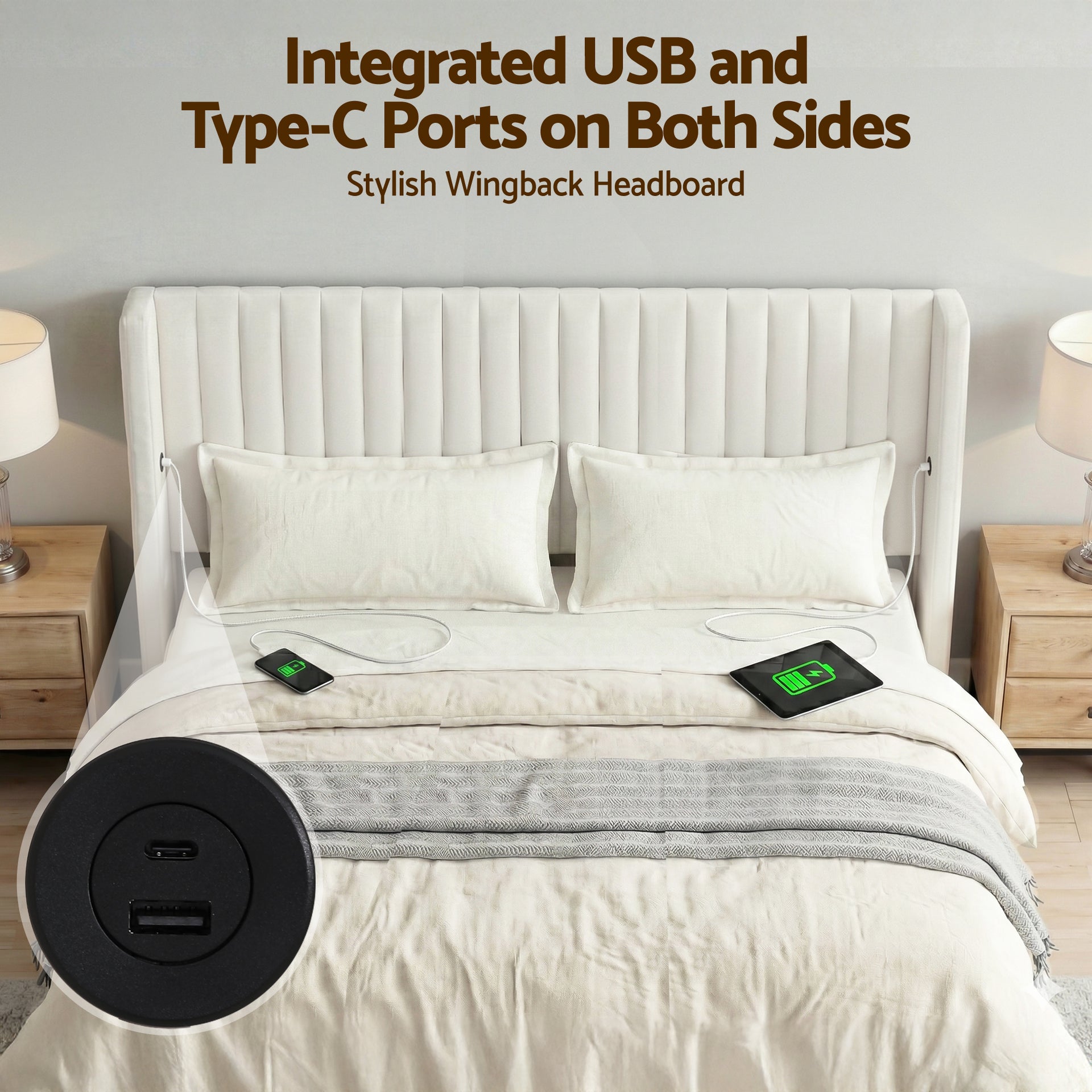 Artiss King Bed Frame with Gaslift Storage USB Type-C Charging Ports Velvet Upholstery White Awezingly