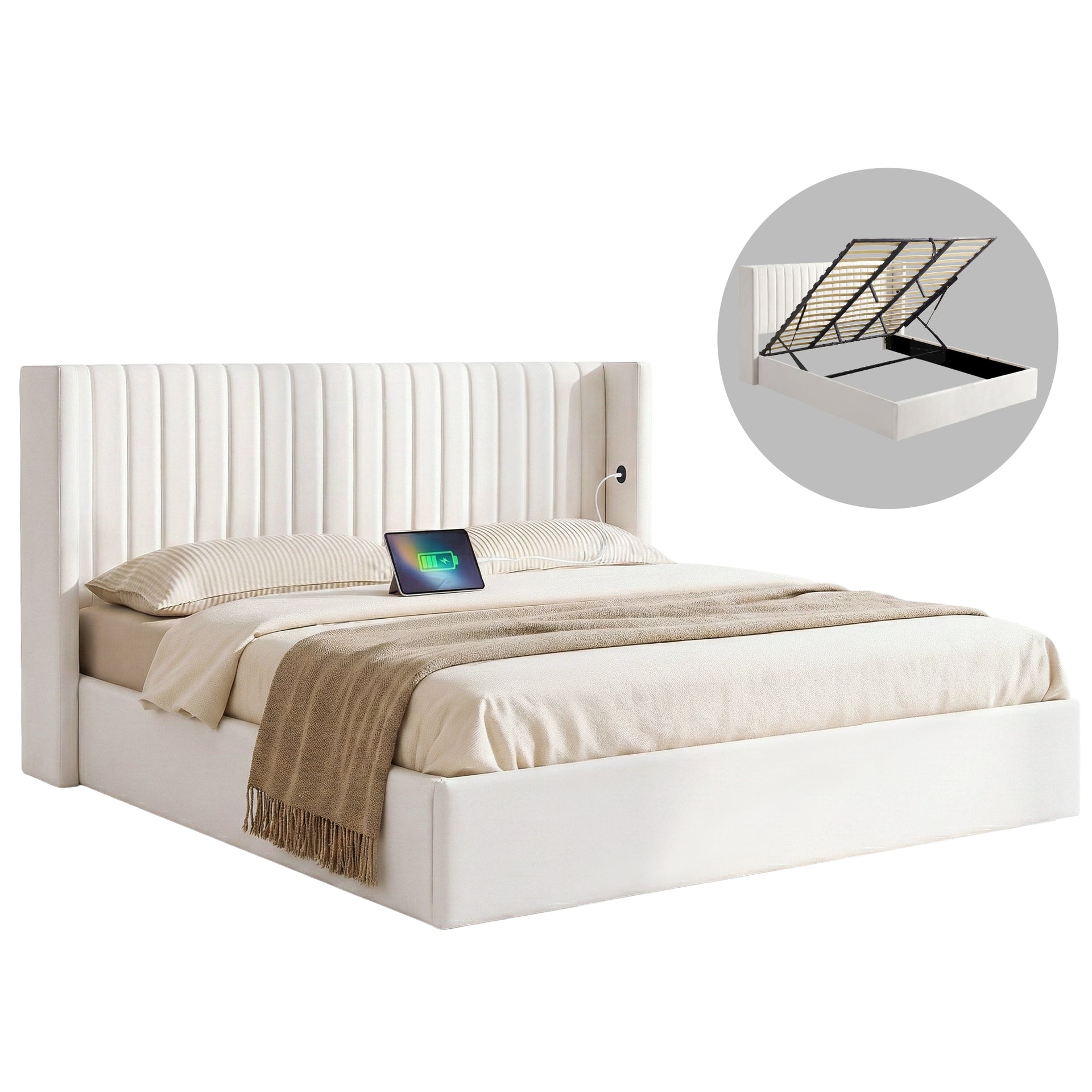 Artiss King Bed Frame with Gaslift Storage USB Type-C Charging Ports Velvet Upholstery White Awezingly
