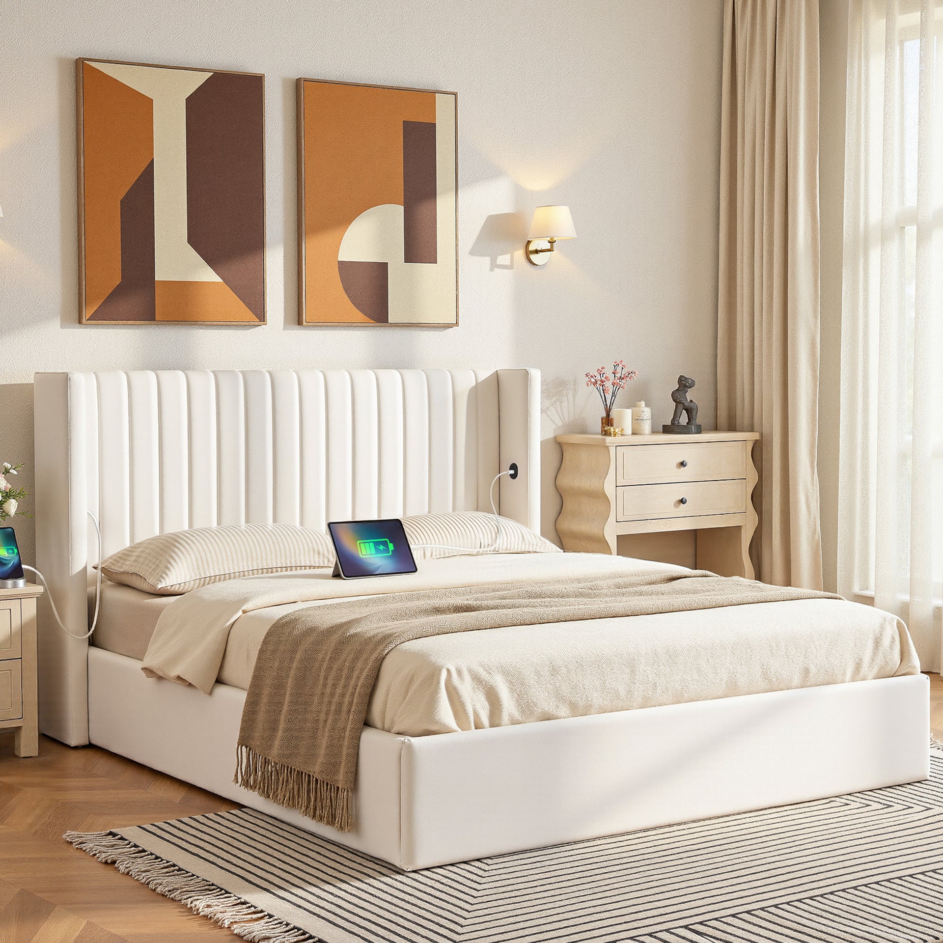 Artiss Queen Bed Frame with Gaslift Storage USB Type-C Charging Ports Velvet Upholstery White Awezingly
