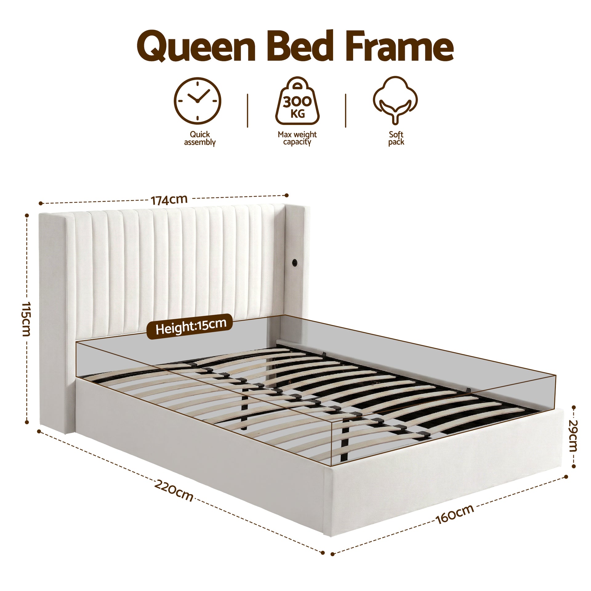 Artiss Queen Bed Frame with Gaslift Storage USB Type-C Charging Ports Velvet Upholstery White Awezingly