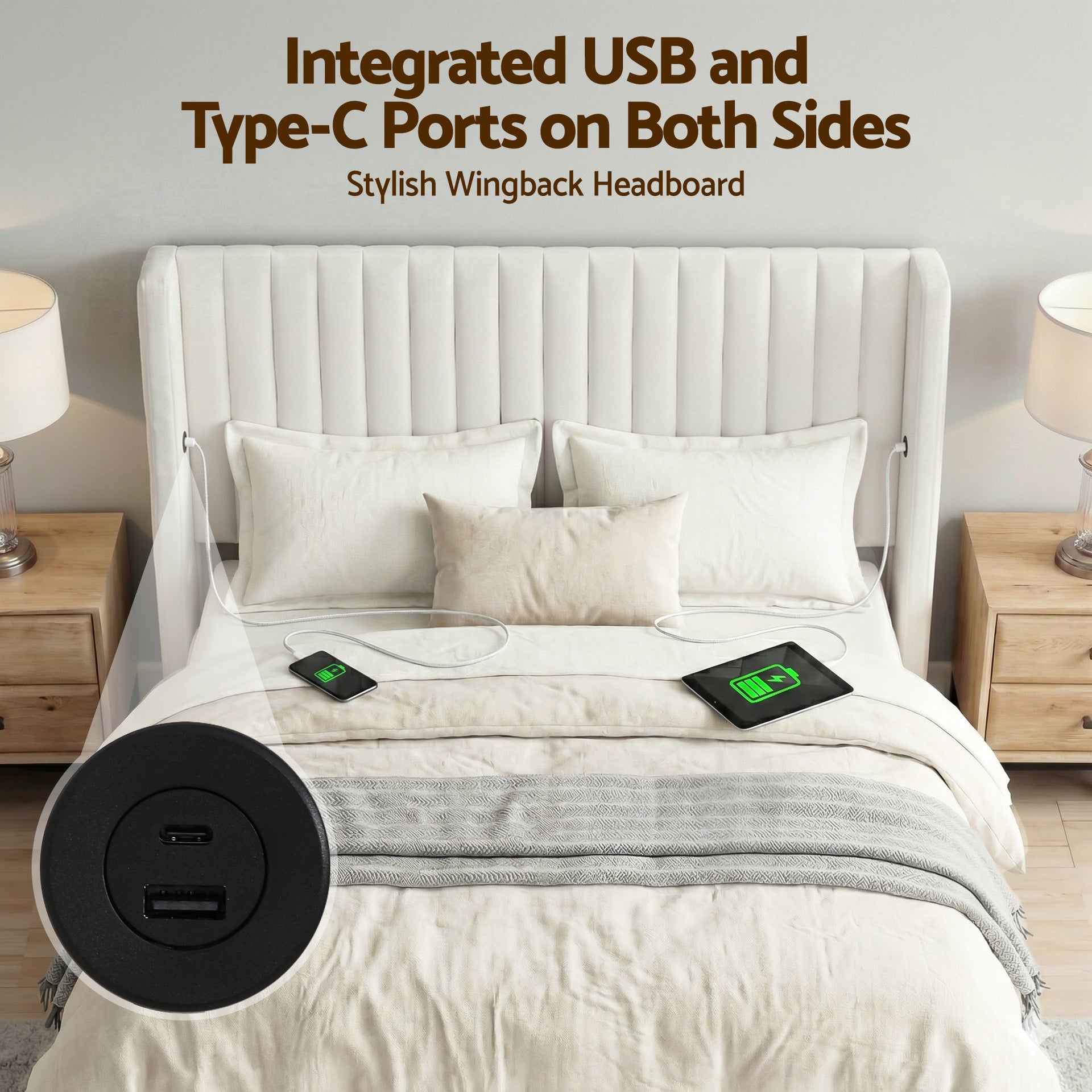 Artiss Queen Bed Frame with Gaslift Storage USB Type-C Charging Ports Velvet Upholstery White Awezingly