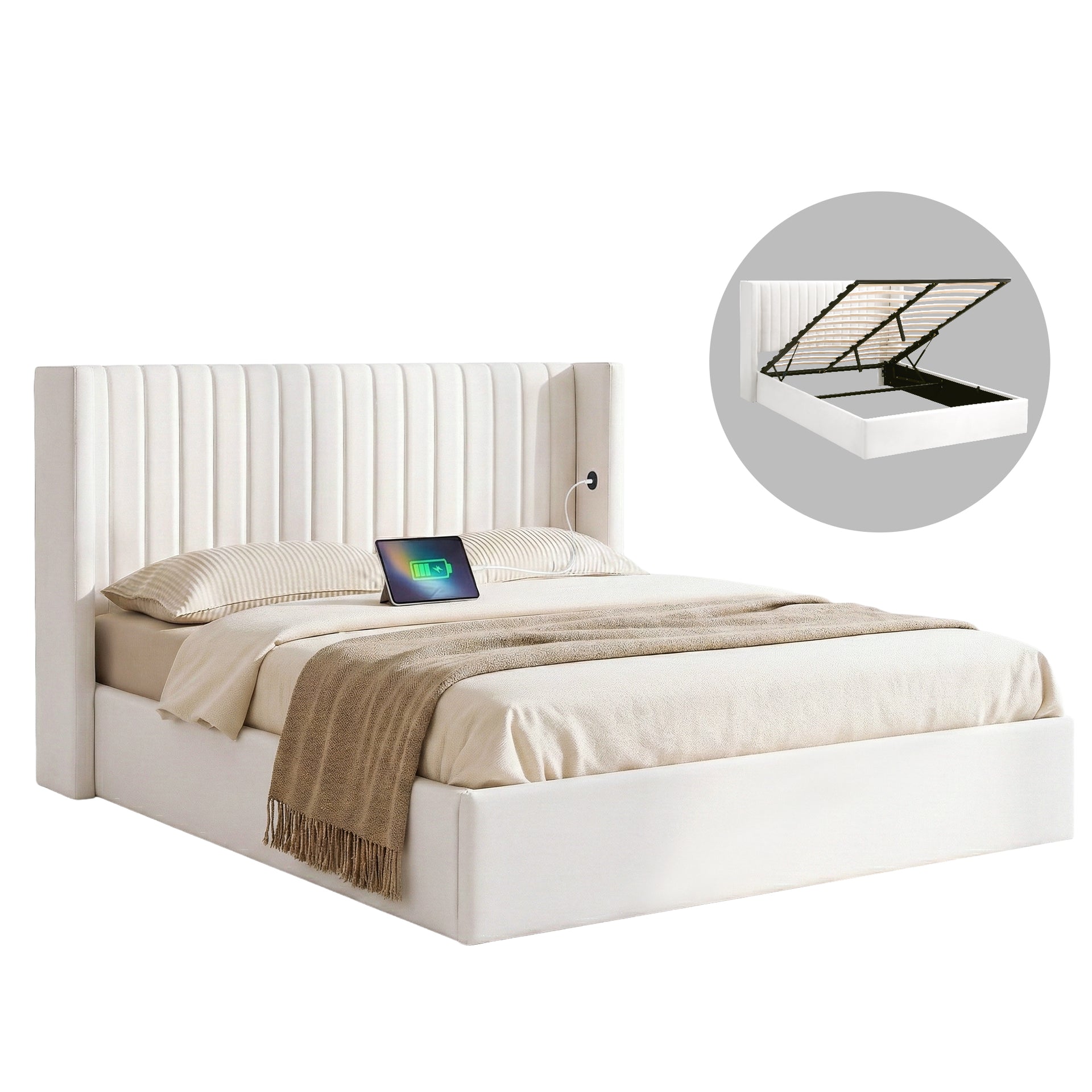 Artiss Queen Bed Frame with Gaslift Storage USB Type-C Charging Ports Velvet Upholstery White Awezingly