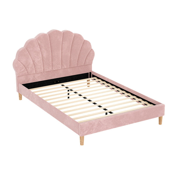 Artiss Bed Frame Double Size Scallop-Shape Bedhead Beds Base Pink Velvet Fabric Artiss
