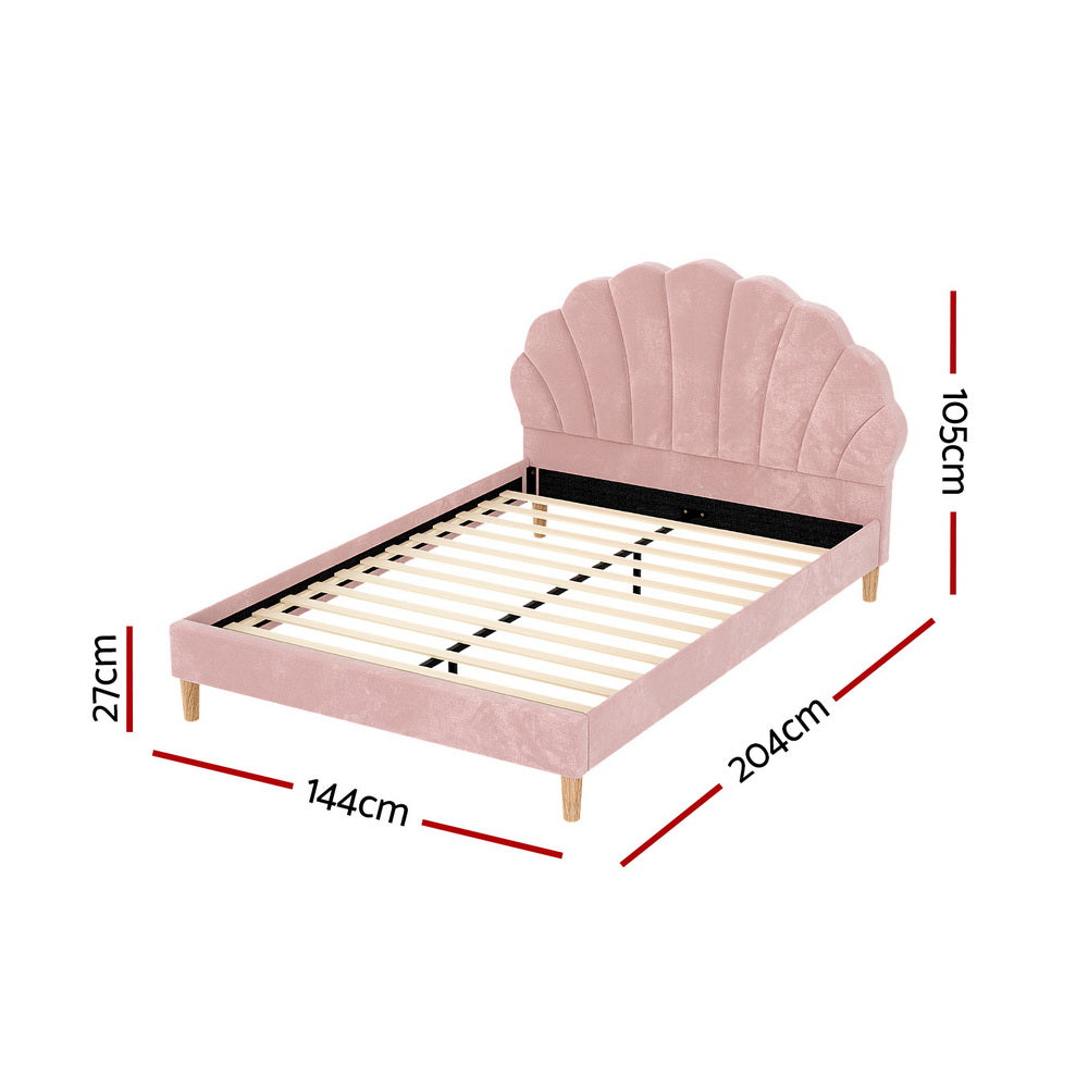 Artiss Bed Frame Double Size Scallop-Shape Bedhead Beds Base Pink Velvet Fabric Artiss