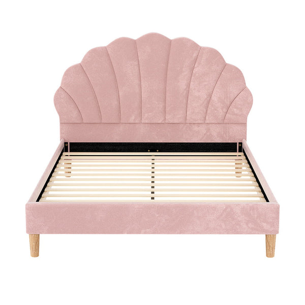 Artiss Bed Frame Double Size Scallop-Shape Bedhead Beds Base Pink Velvet Fabric Artiss