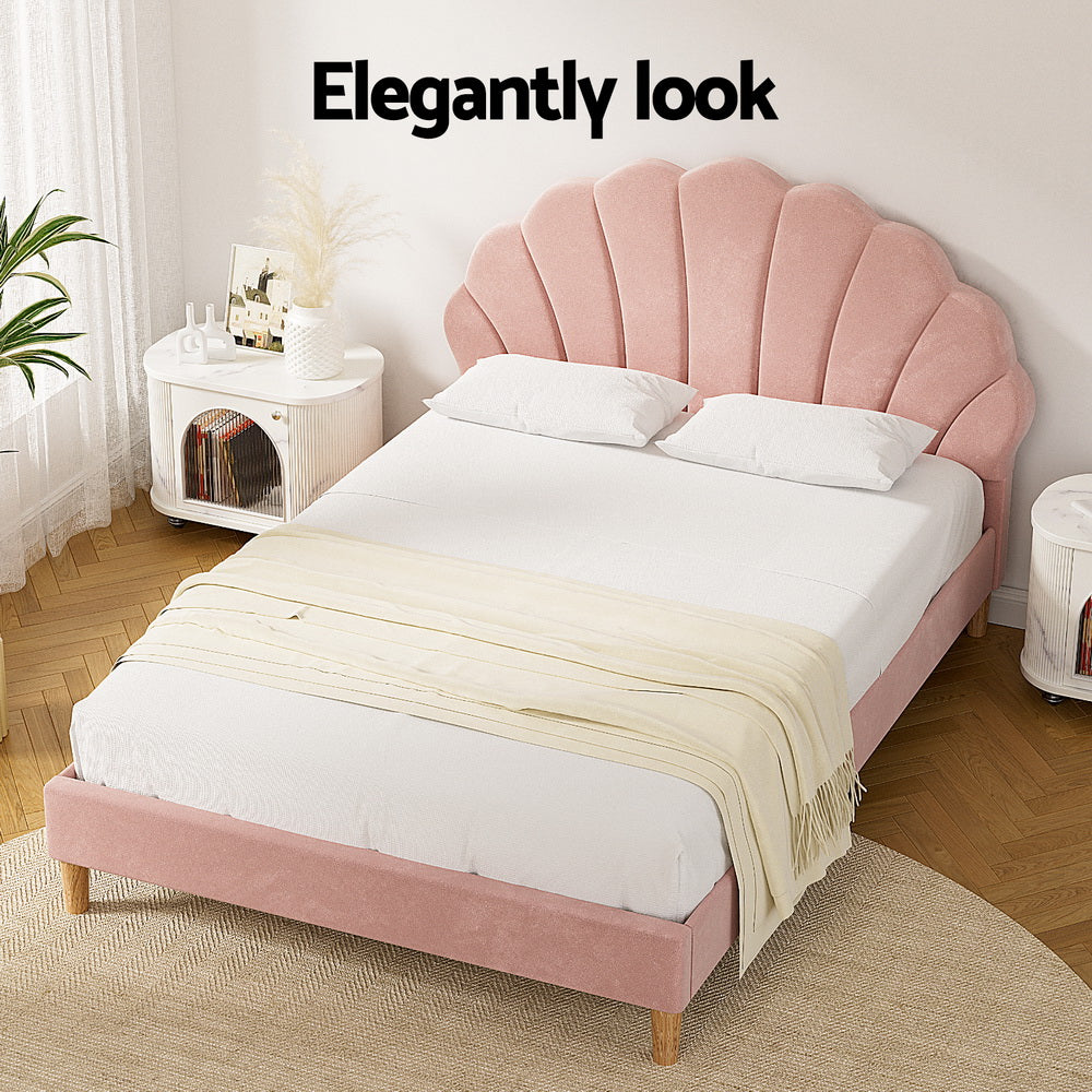 Artiss Bed Frame Double Size Scallop-Shape Bedhead Beds Base Pink Velvet Fabric Artiss