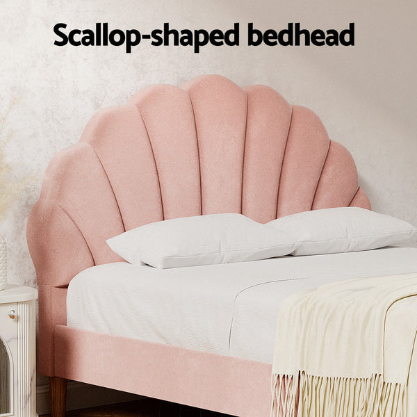 Artiss Bed Frame Double Size Scallop-Shape Bedhead Beds Base Pink Velvet Fabric Artiss