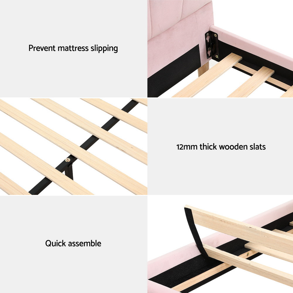 Artiss Bed Frame Double Size Scallop-Shape Bedhead Beds Base Pink Velvet Fabric Artiss
