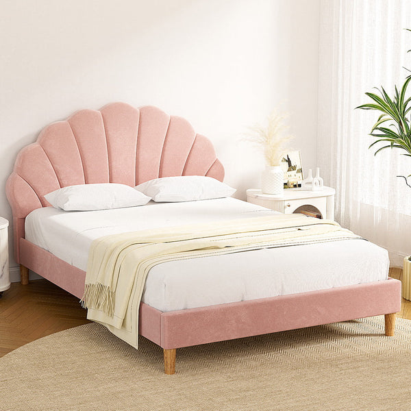 Artiss Bed Frame Double Size Scallop-Shape Bedhead Beds Base Pink Velvet Fabric Artiss