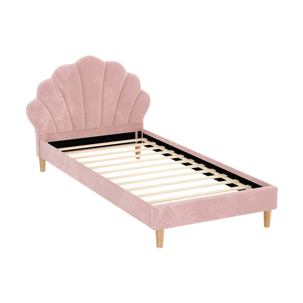 Artiss Bed Frame King Single Size Scallop-Shape Bedhead Beds Base Pink Velvet Fabric Artiss