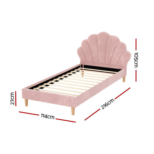 Artiss Bed Frame King Single Size Scallop-Shape Bedhead Beds Base Pink Velvet Fabric Artiss