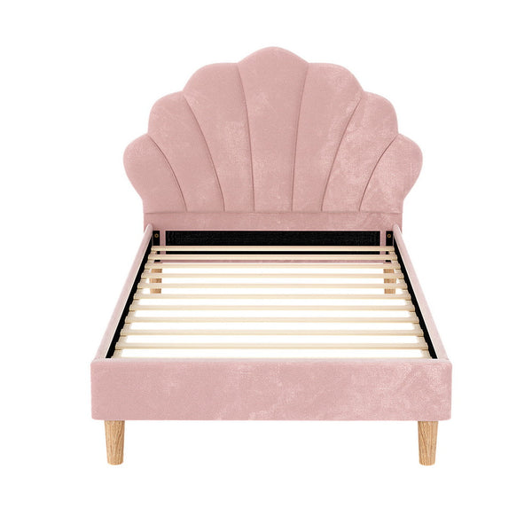 Artiss Bed Frame King Single Size Scallop-Shape Bedhead Beds Base Pink Velvet Fabric Artiss