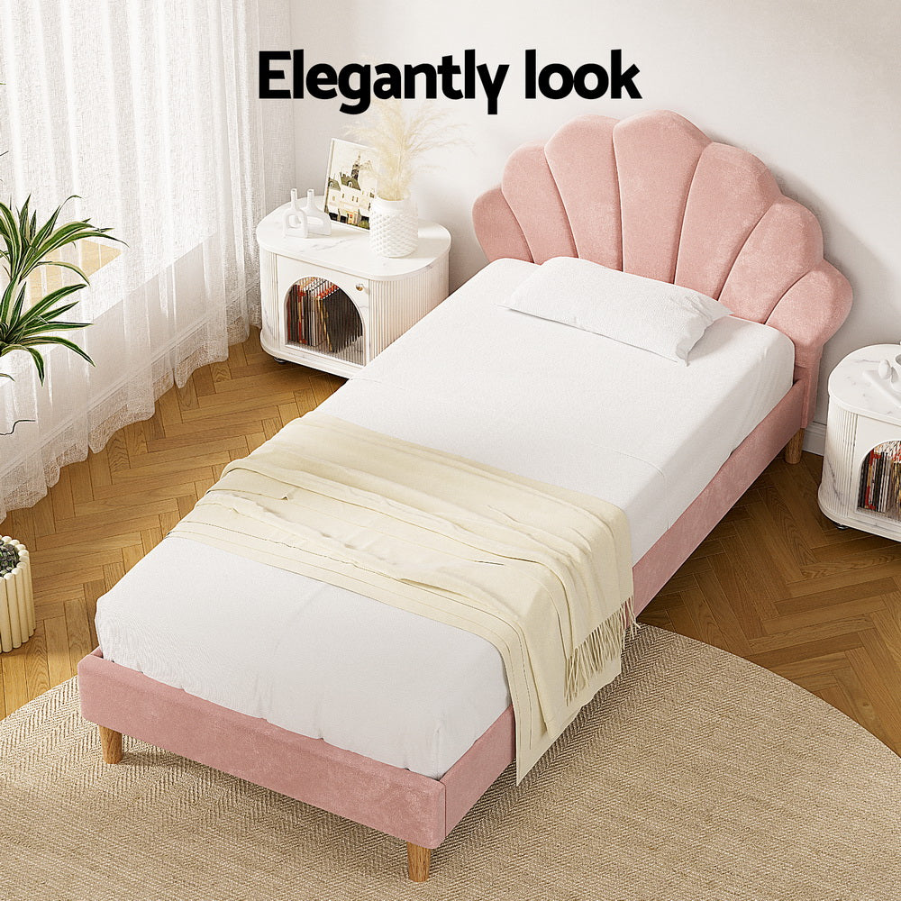 Artiss Bed Frame King Single Size Scallop-Shape Bedhead Beds Base Pink Velvet Fabric Artiss