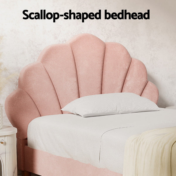 Artiss Bed Frame King Single Size Scallop-Shape Bedhead Beds Base Pink Velvet Fabric Artiss