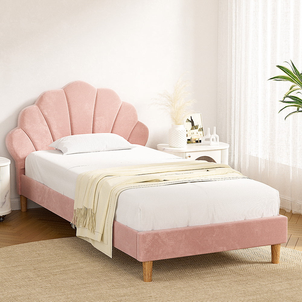 Artiss Bed Frame King Single Size Scallop-Shape Bedhead Beds Base Pink Velvet Fabric Artiss