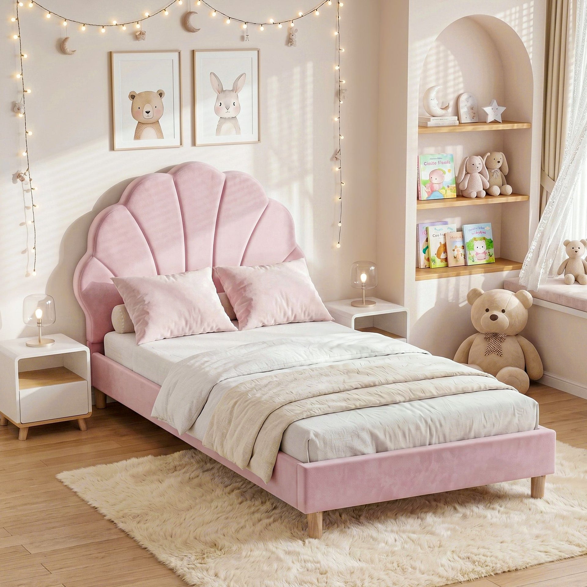 Artiss Single Bed Frame Scallop Upholstered Headboard Pink Velvet Platform Base Support up to 180kg Awezingly