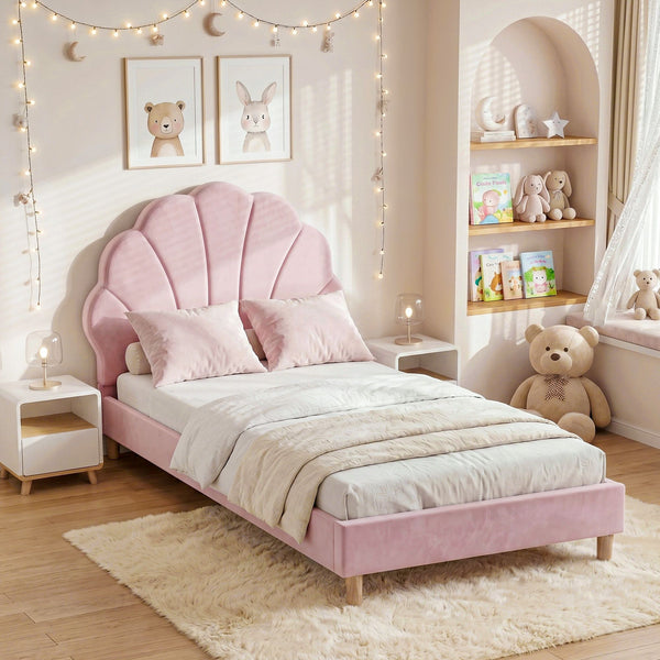 Artiss Single Bed Frame Scallop Upholstered Headboard Pink Velvet Platform Base Support up to 180kg Awezingly