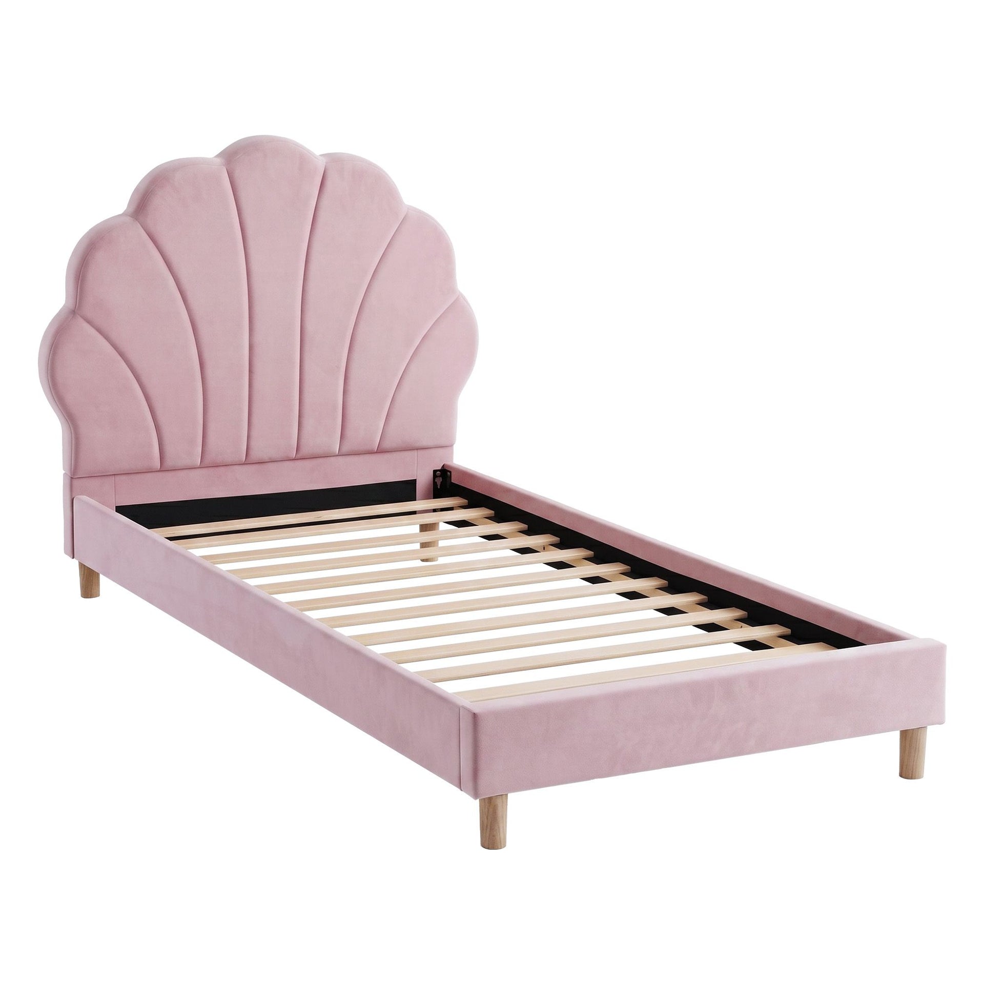 Artiss Single Bed Frame Scallop Upholstered Headboard Pink Velvet Platform Base Support up to 180kg Awezingly