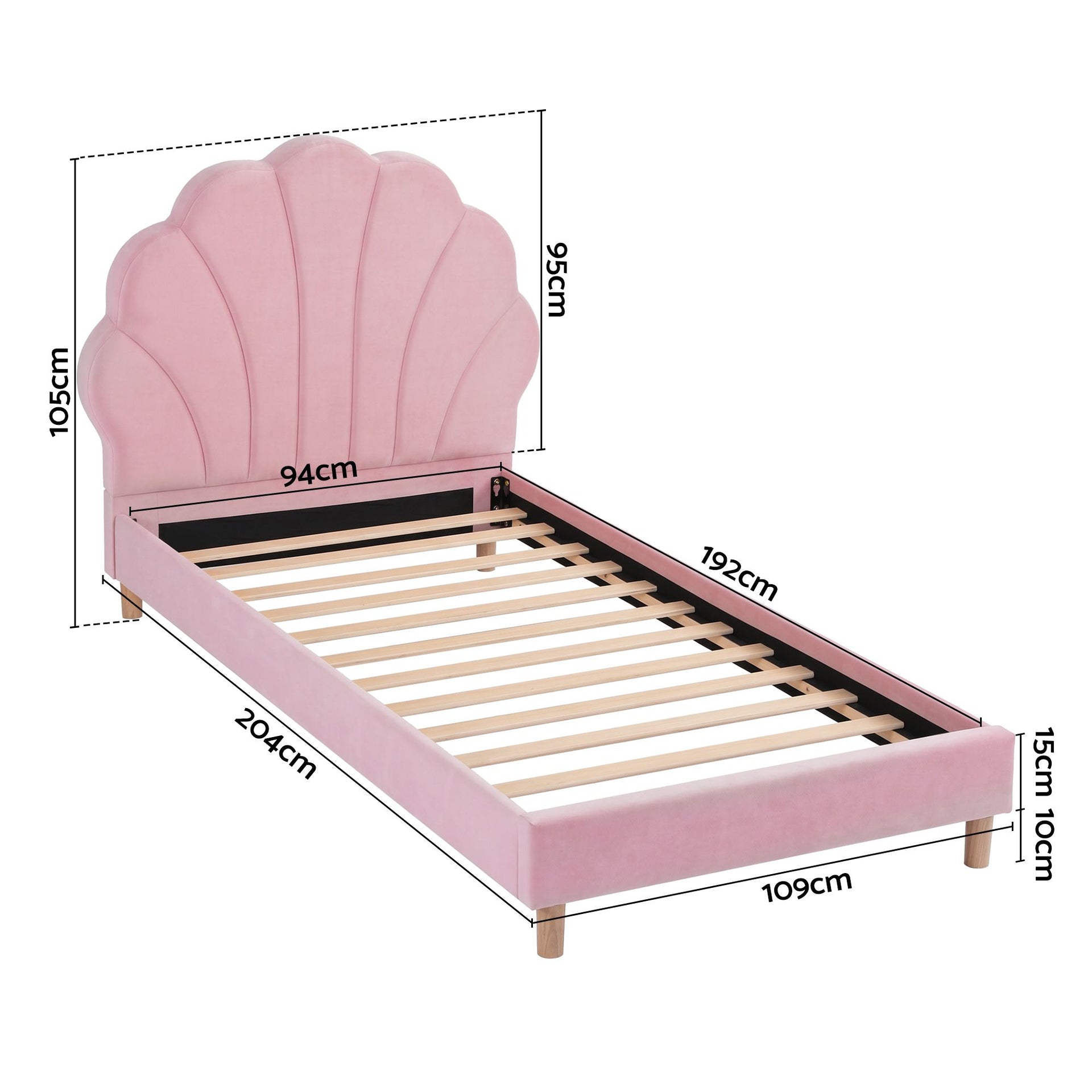 Artiss Single Bed Frame Scallop Upholstered Headboard Pink Velvet Platform Base Support up to 180kg Awezingly