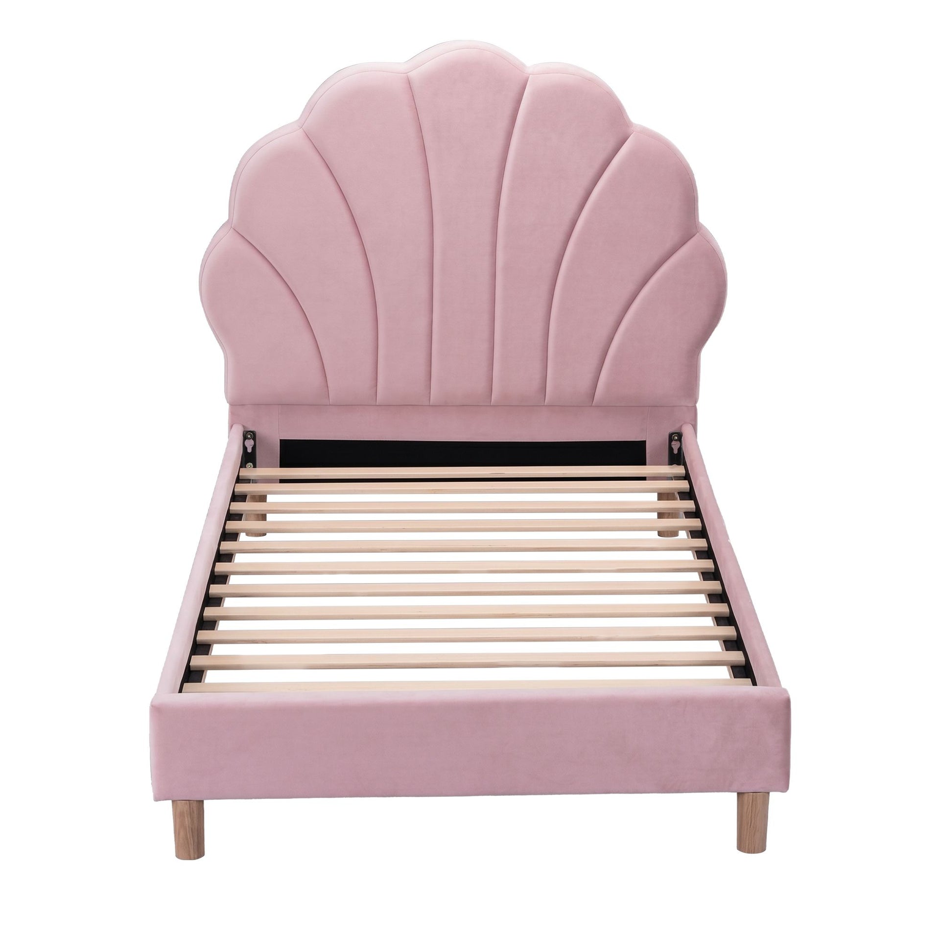 Artiss Single Bed Frame Scallop Upholstered Headboard Pink Velvet Platform Base Support up to 180kg Awezingly