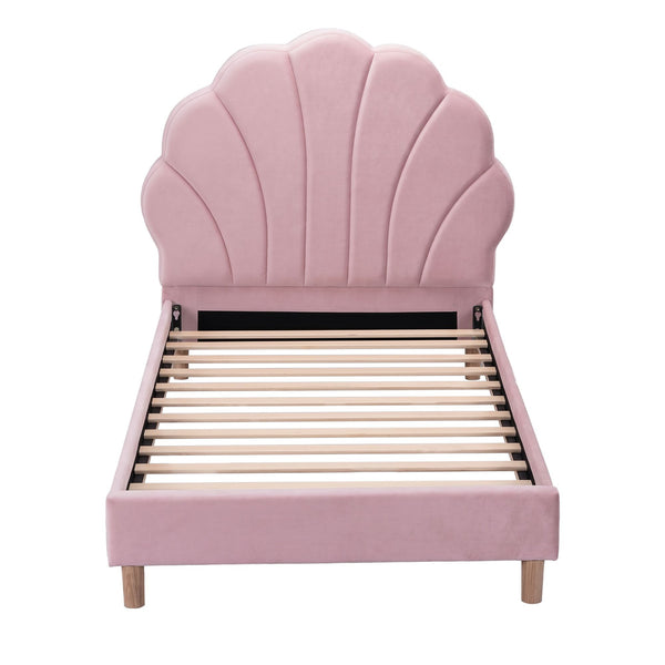 Artiss Single Bed Frame Scallop Upholstered Headboard Pink Velvet Platform Base Support up to 180kg Awezingly