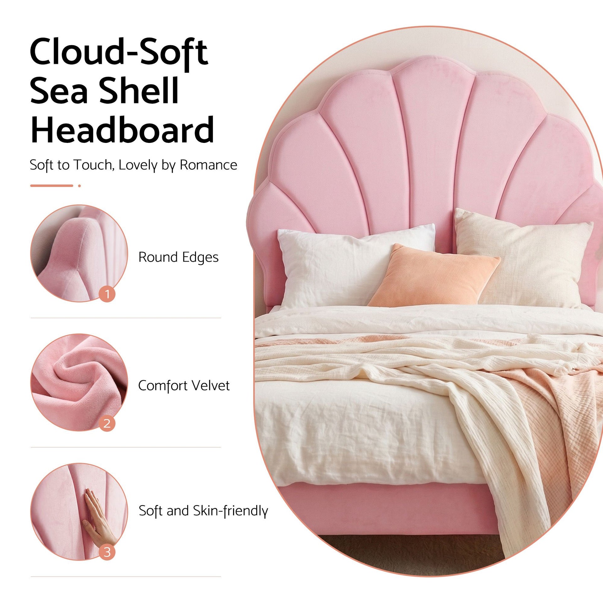 Artiss Single Bed Frame Scallop Upholstered Headboard Pink Velvet Platform Base Support up to 180kg Awezingly